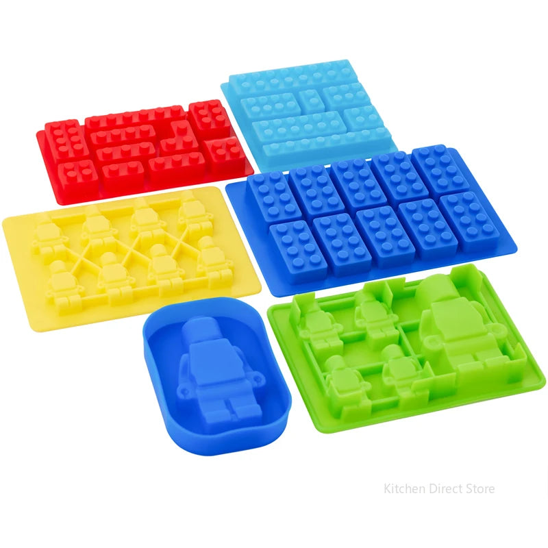 1/6PCS Block Silicone Mold Building Brick Robot Chocolate Jelly Ice Cube Tray Cake Decoration Cupcake Topper Kids Birthday Party