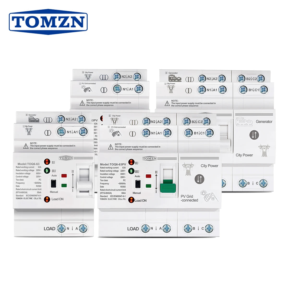 TOMZN Din Rail Small Size PV ATS 2P4P 63A 230V Dual Power Automatic Transfer Electrical Selector Switch Uninterrupted