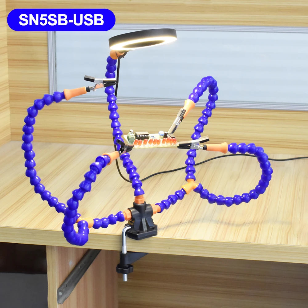 Toolour Helping Hands Soldering Third Hand Tools 5 Flexible Arms With Adjustable Table Clamp 3X LED Magnifier PCB Holder Tool
