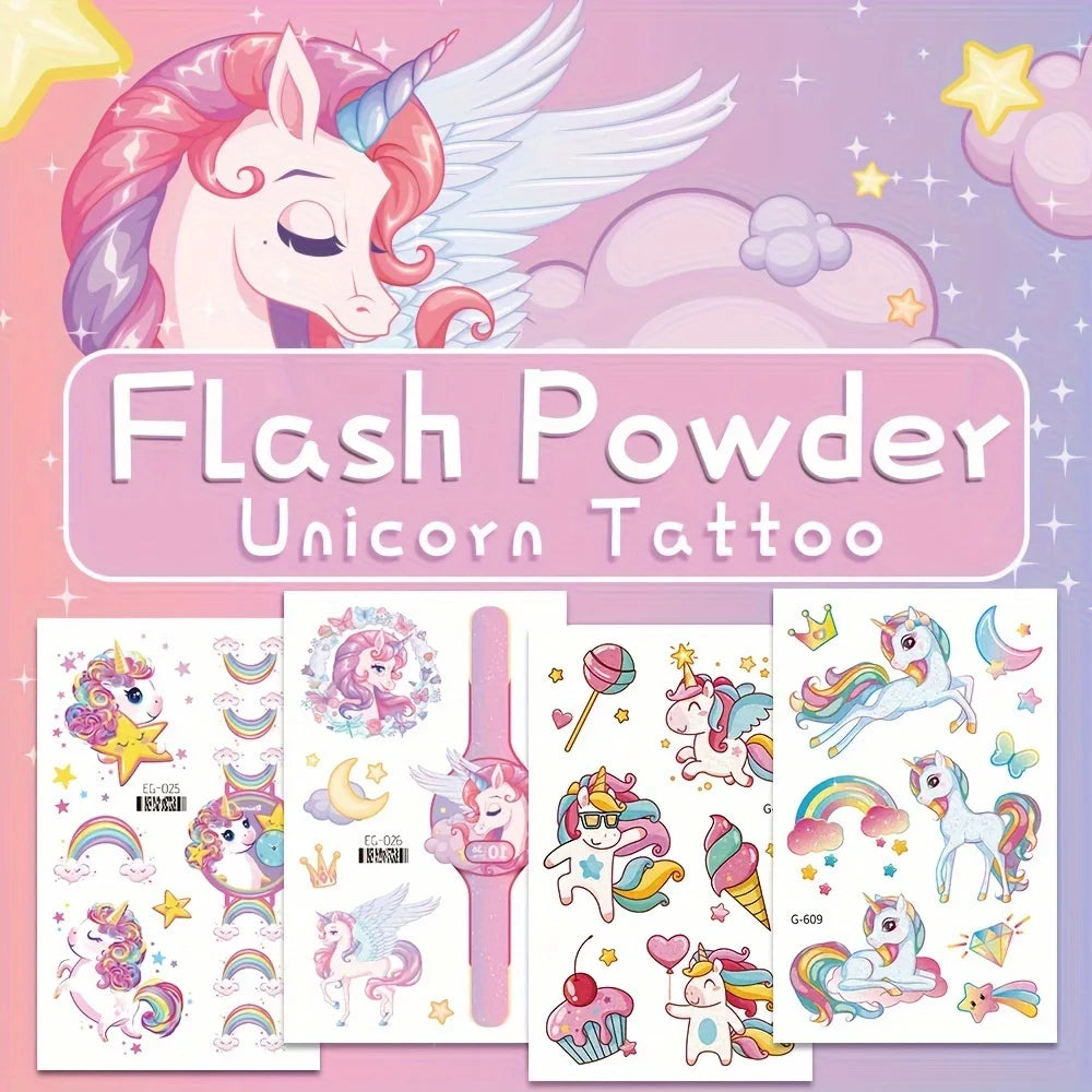 Wholesale 12 Sheets Temporary for Girls, Glitter Birthday Unicorn Tattoos Favors,Rainbow Unicorn Party Decor Supplies