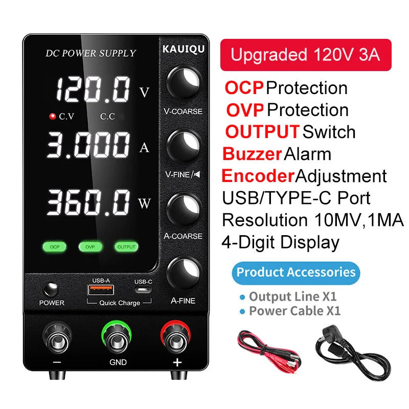 KUAIQU Official DC Power Supply Variable, 30V 60V 120V Adjustable Regulated Lab Power Supplies with OCP/OVP/Output/Encoder