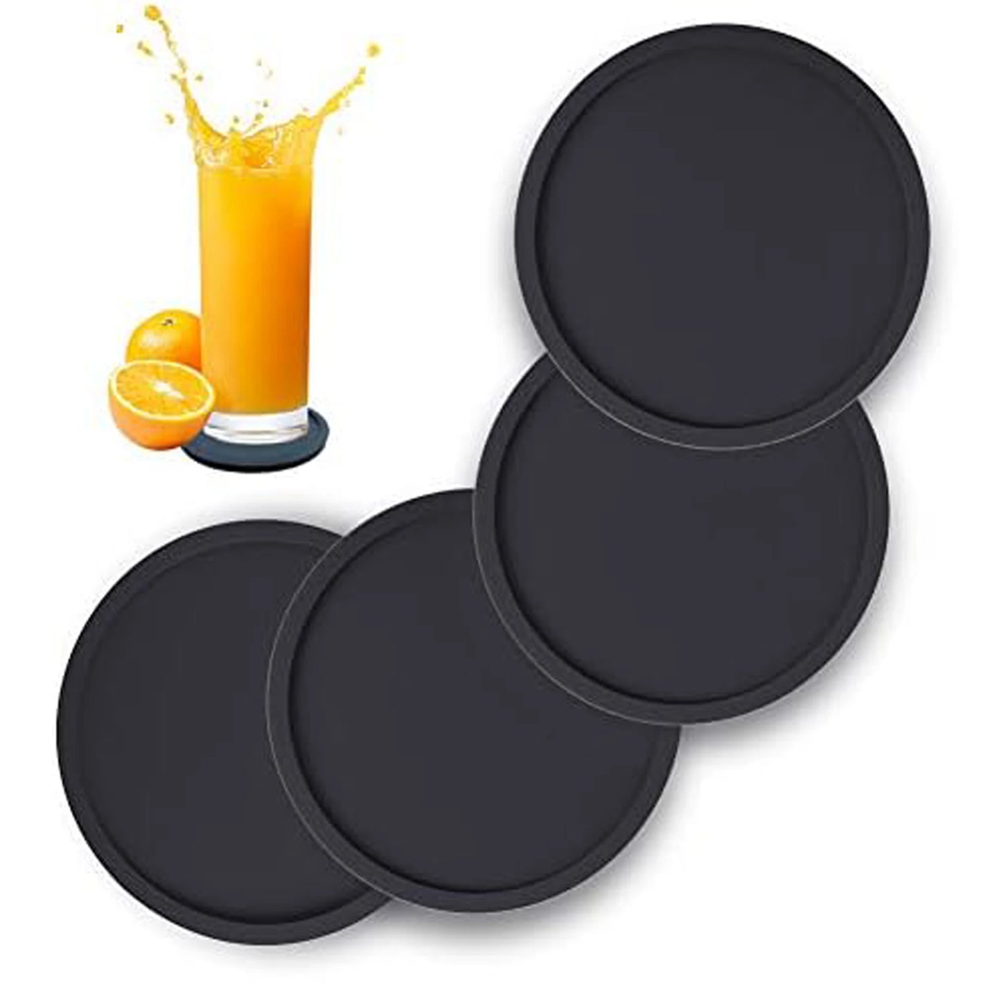 Non Slip Silicone Drink Coasters Large Black Cup Coaster Set for Outdoor & Indoor Drinks - Anti Stain & Heat Resistant - Cup Tab