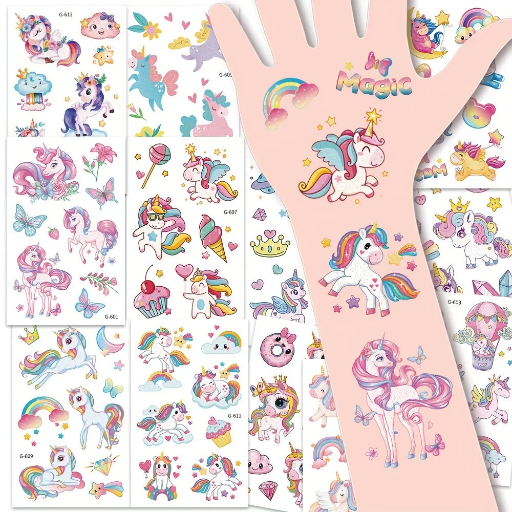 Wholesale 12 Sheets Temporary for Girls, Glitter Birthday Unicorn Tattoos Favors,Rainbow Unicorn Party Decor Supplies