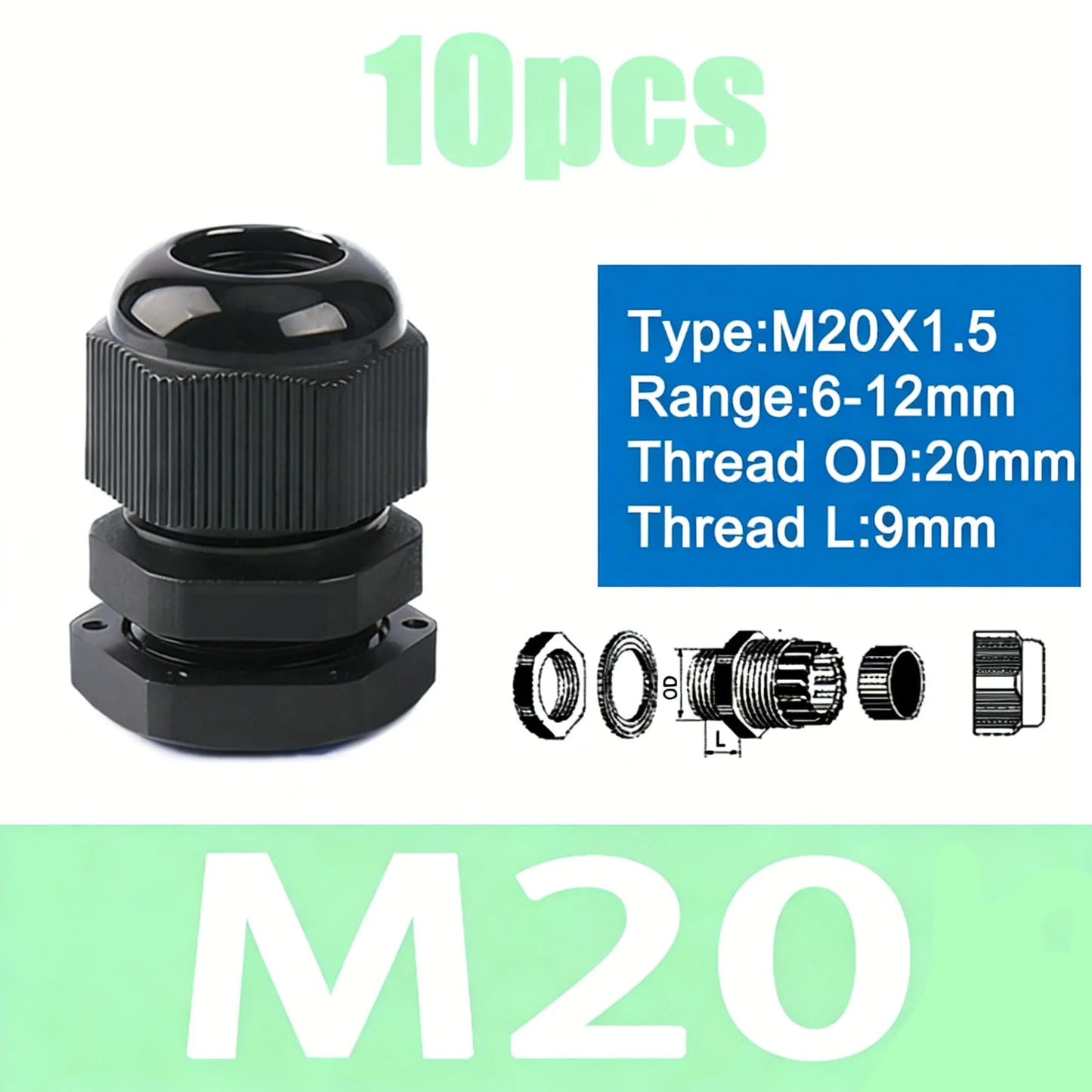 Cable Gland M8 M10 M12 M16 M20 PG7 PG9 PG11 PG16 Waterproof Cable Glands Plastic Nylon Cable Connector IP68 for Electrica Wire