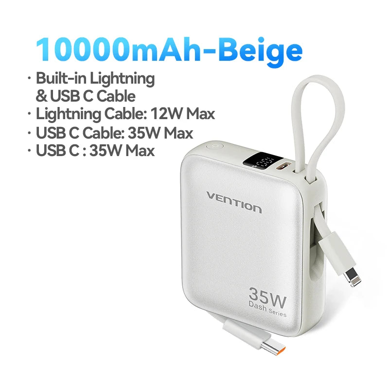 Vention 10000mAh Power Bank Fast Charging PD 35W Portable Mini PowerBank for iPhone 17 16 15 Xiaomi External Battery Charger