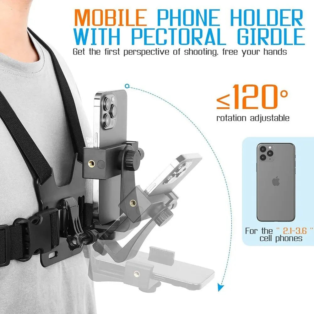 Hands-Free Chest Phone Mount–Adjustable POV Holder for Live Streaming, Sports&Travel Vlog,Secure Clip for iPhone Samsung Huawei