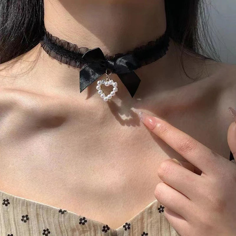 Black Lace Choker For Women Girls Gothic Bowknot Choker With Long Ribbon Lolita Clavicle Chain Necklace Halloween Jewelry Gift