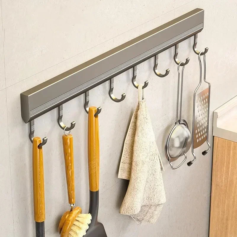 Kitchen Hook Wall Mounted Kitchen Storage Rack Storage Row Hook Holder No Punch Shelves with Movable Hook Kitchen Utensil