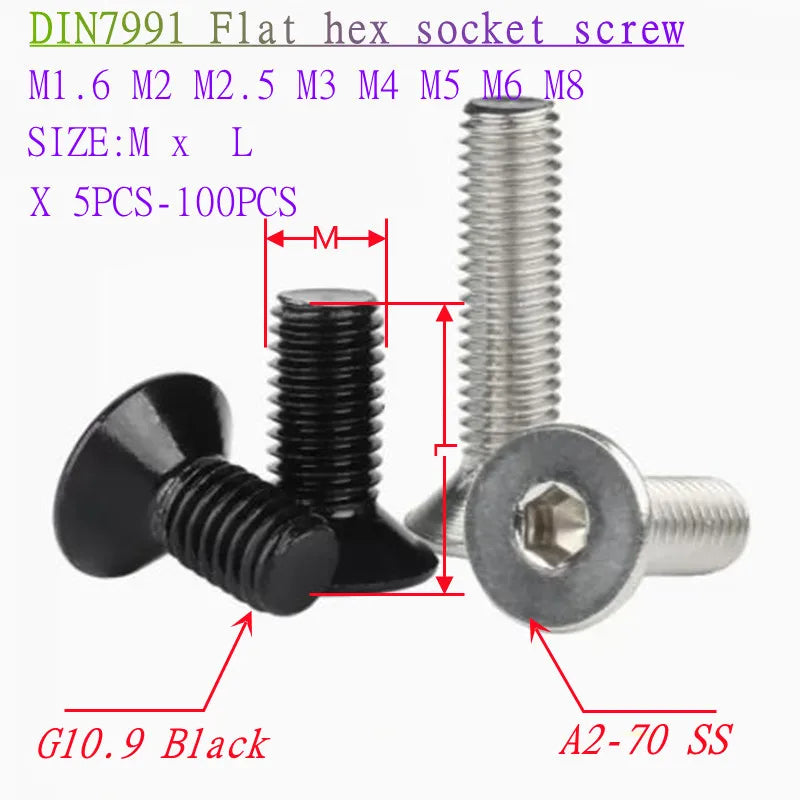 5pcs-100pcs Din7991 M1.6 M2 M2.5 M3 M4 M5 M6 M8 Stainless Steel 304  G10.9 Black Flat Hex Hexagon Countersunk Allen Head  Screw