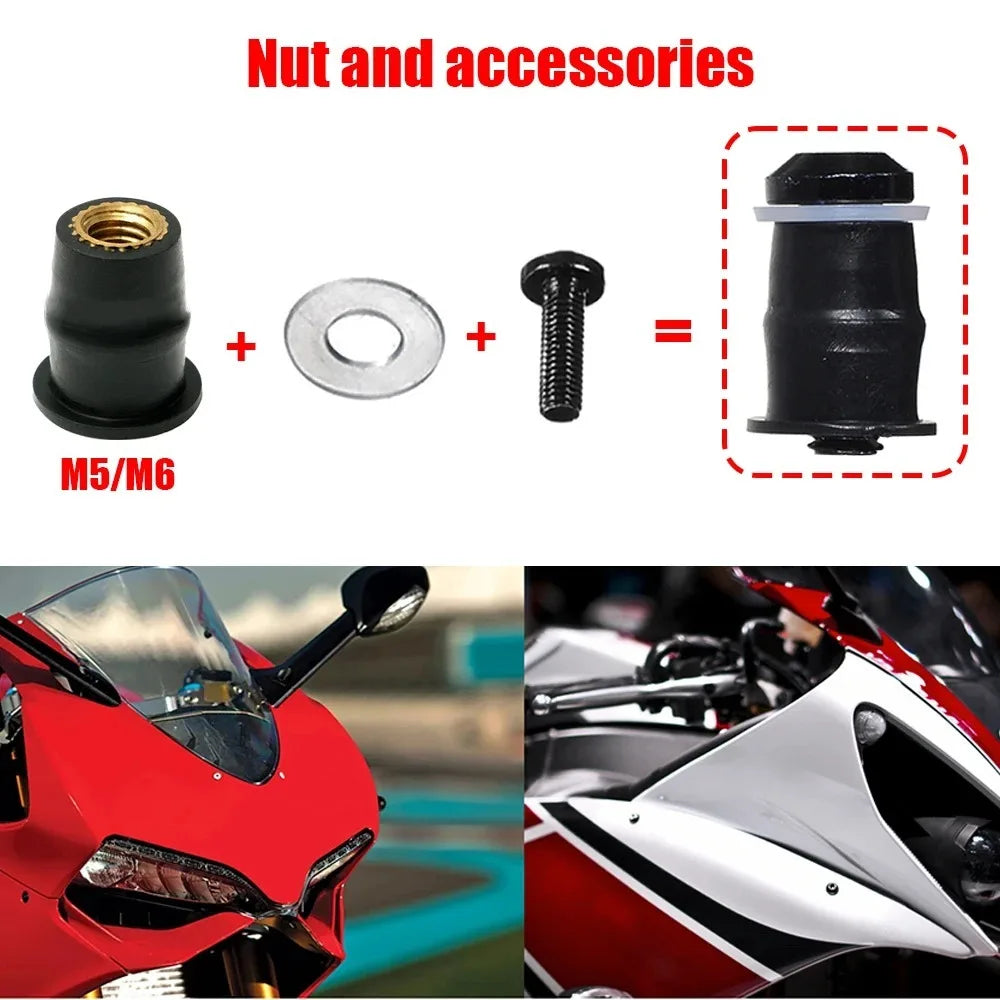 30PCS M5 M6 Motorcycle Windscreen Windshield Bolts Screws Set Metric Rubber Well Nut Fastener for Honda Suzuki Yamaha Kawasaki