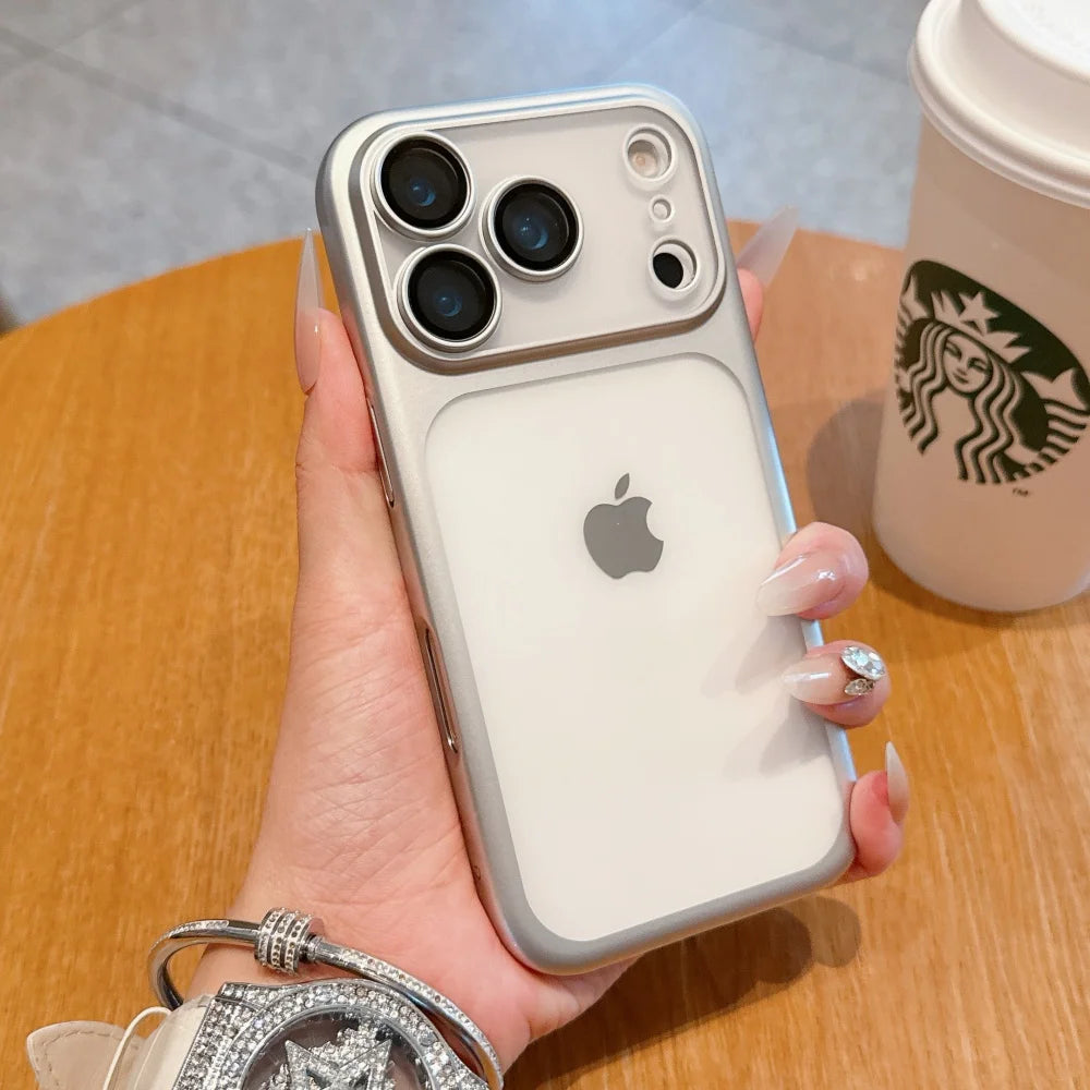 Electroplating Large Window Matte Case For iPhone 17 16 15 14 13 Pro Max Air Ultra Thin Transparent PC Hard Lens Film Cover
