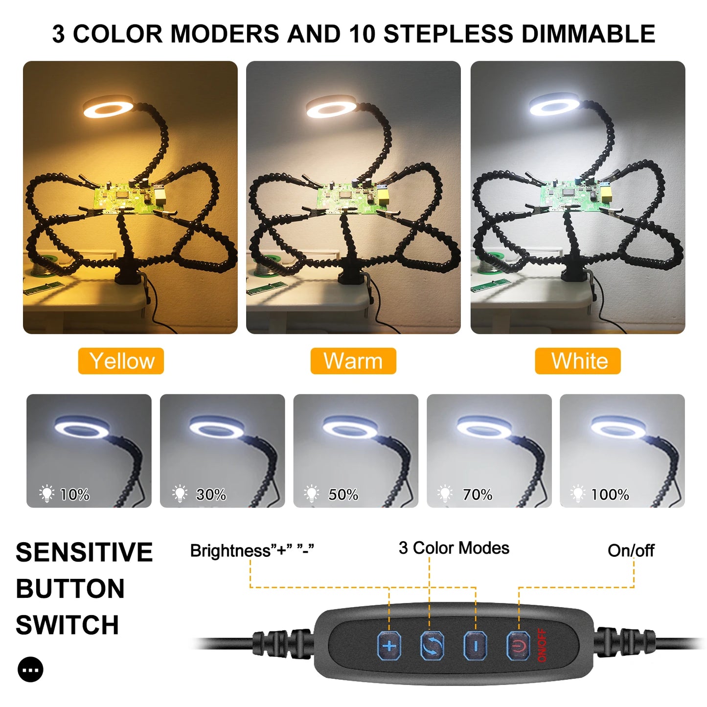 Toolour Helping Hands Soldering Third Hand Tools 5 Flexible Arms With Adjustable Table Clamp 3X LED Magnifier PCB Holder Tool