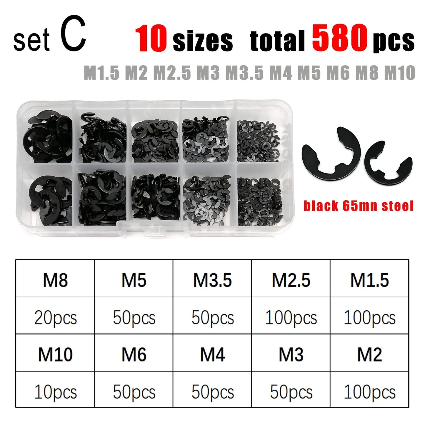 1 Kit M1.2 to M15 GB896 E type Circlip Shaft Bearing External Retaining Ring Snap Washer Black 65mn Steel 304 A2 Stainless Steel