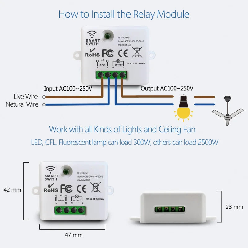 86 Wireless Smart RF 433Mhz 100-220V Wall Panel with Remote Control Mini Relay Receiver Home Led Light Lamp Switch