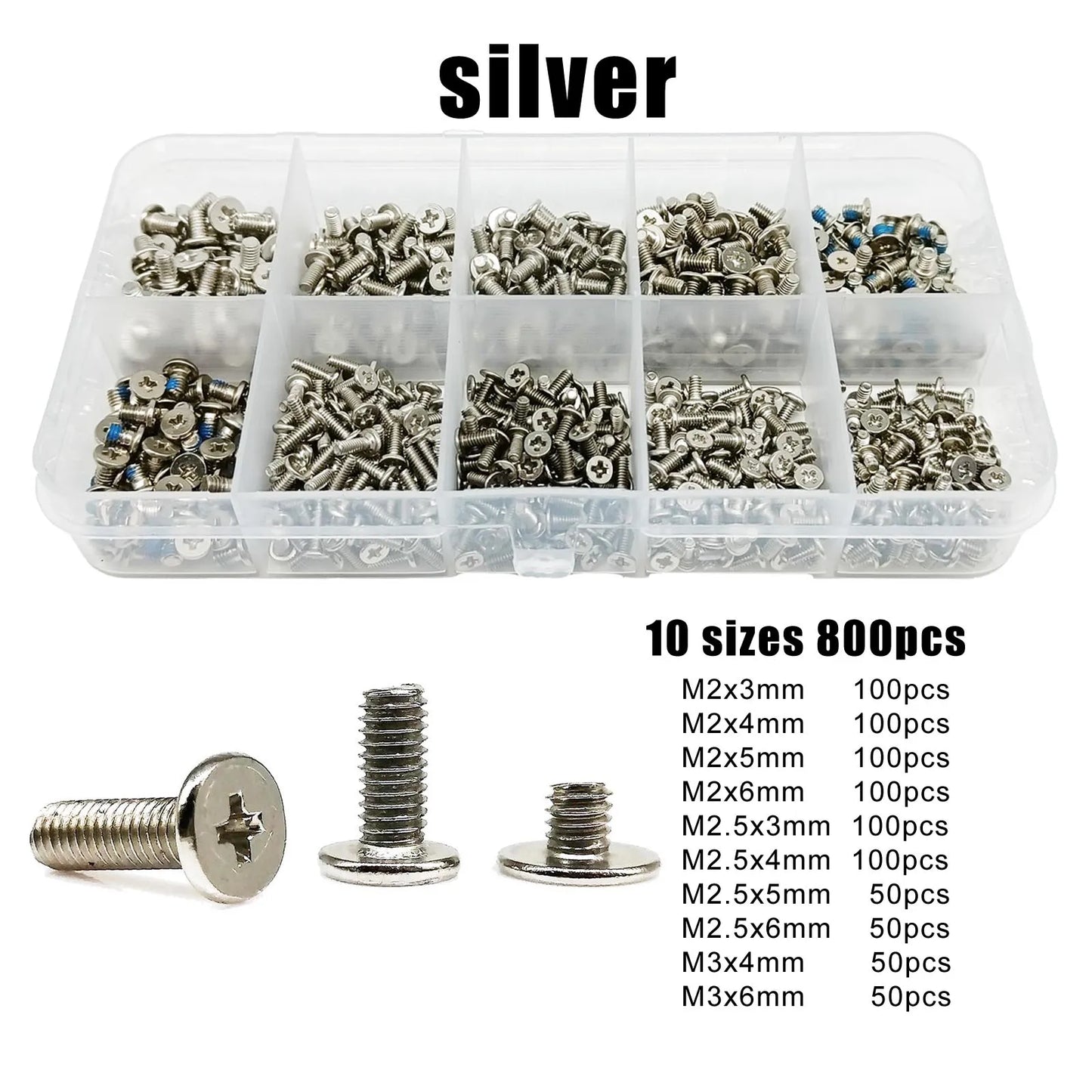 800pcs/box Laptop Computer Screw Bolt M2 M2.5 M3 Phillips Cross Ultra Thin Flat Wafer Head Mix Assortment Kit Set Steel