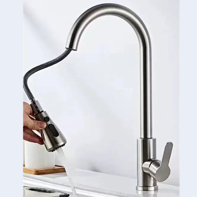 Stainless Steel Kitchen Faucet Single Hole Pull Out Spray 360° Swivel Sink Faucet High Arc Modern Design