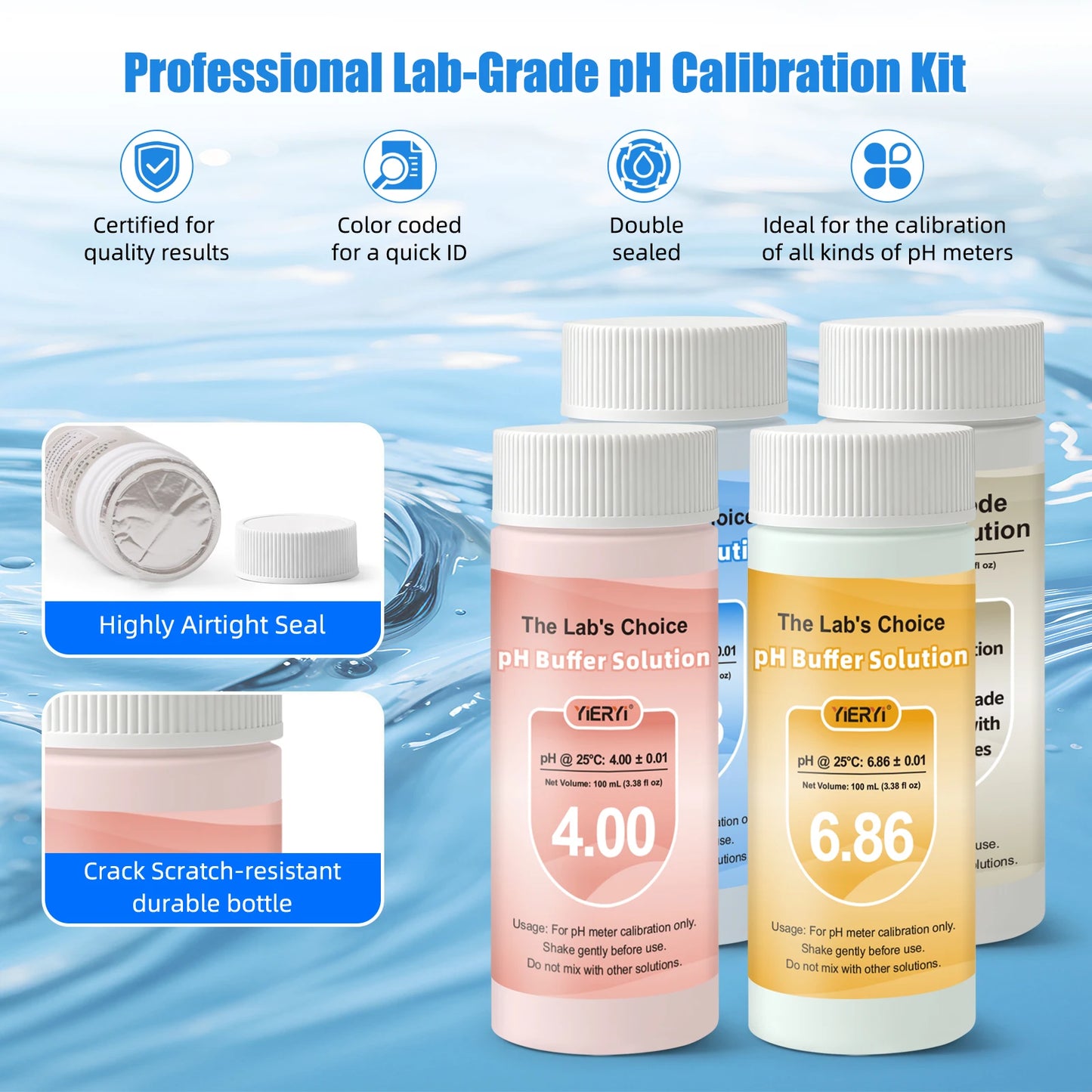 100ML pH Buffer Solution pH Calibration Solution Kit pH Meter Calibration Kit 4.00 6.86 9.18 Buffer with KCL Storage Solution