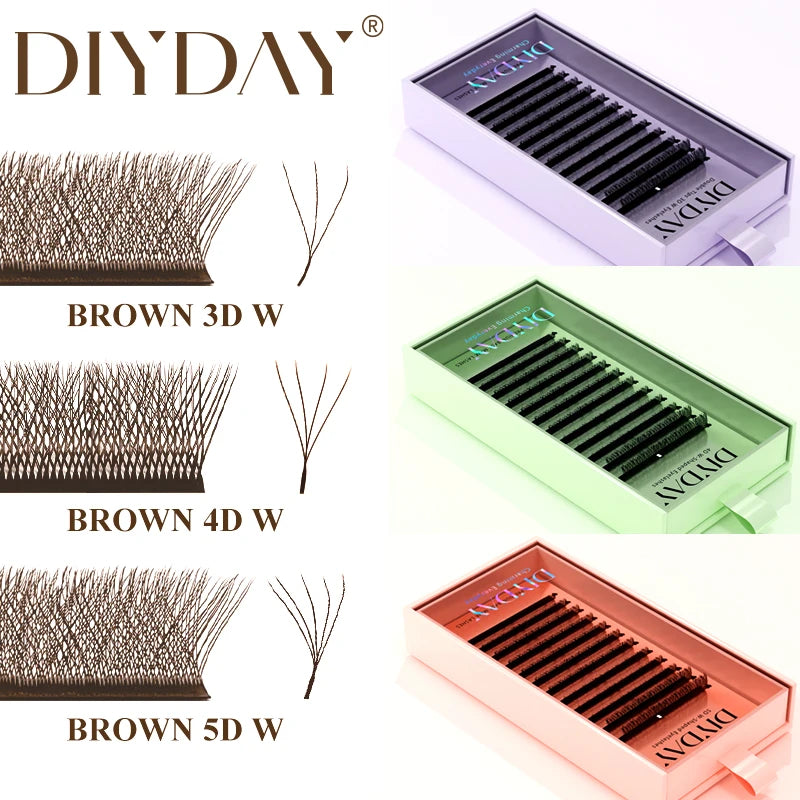 DIYDAY Brown 3D 4D 5D W-Shaped Eyelashes Easy Apply Premade Fan Lashes Natural Soft W Style False Mink Eyelash Extension