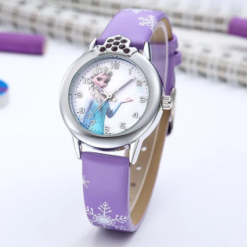 New Elsa Girls Watch for Kids Princess Leather Strap Cute Children's Watches Cartoon Quartz Wristwatches for Ladies Frozen Clock