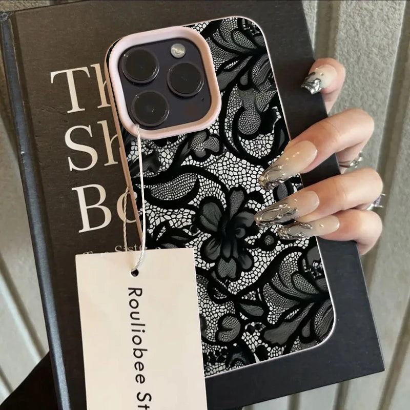 Black Lace Pattern Phone Case For iPhone 17 Pro Max 16 15 14 Plus 13 12 11 Pro Max 16E 17Air X XR XS Max Shockproof Soft Cover