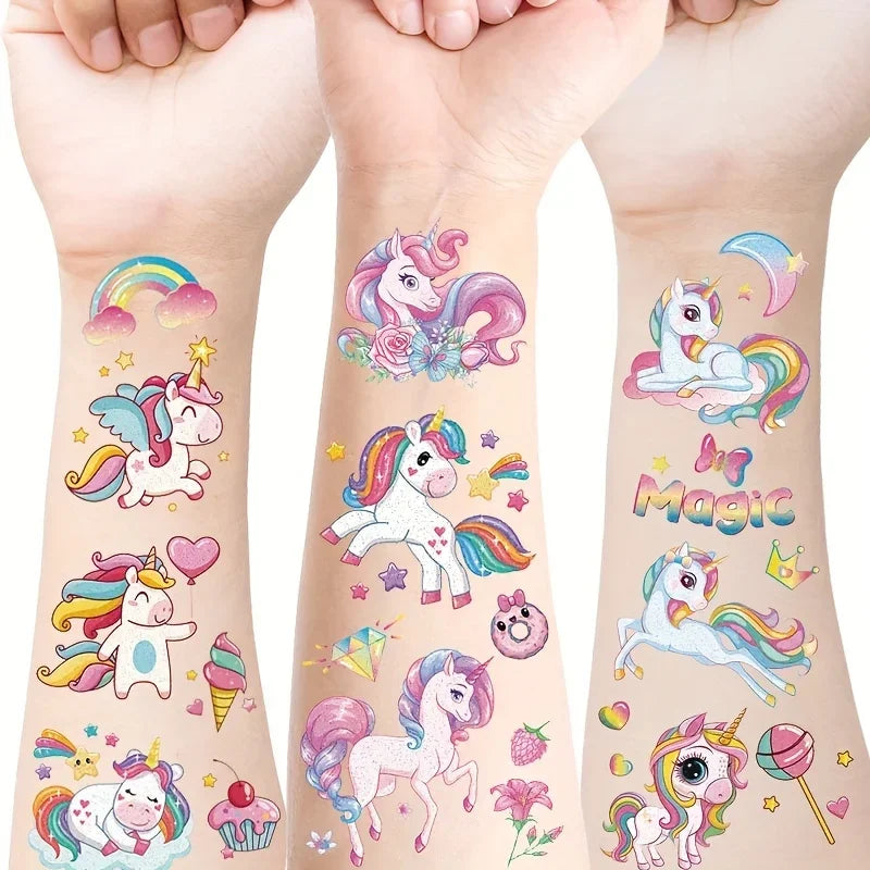 Wholesale 12 Sheets Temporary for Girls, Glitter Birthday Unicorn Tattoos Favors,Rainbow Unicorn Party Decor Supplies