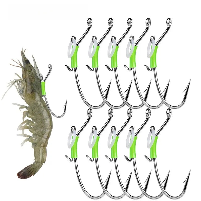 10pcs Luminous Spring-loaded shrimp hook Live Shrimp Hooks Stainless Steel Saltwater Live bait Fishing Hooks Shrimp Walker