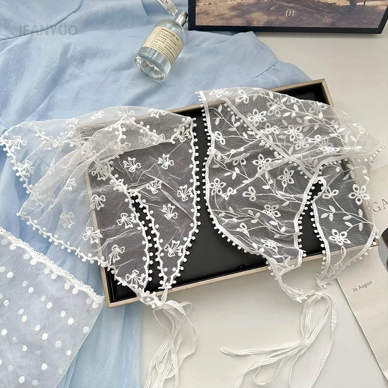 Women's Thin Style Lace Triangular Scarf Summer French Style Headscarf Headband Silk Scarf Retro Decoration Countryside Style