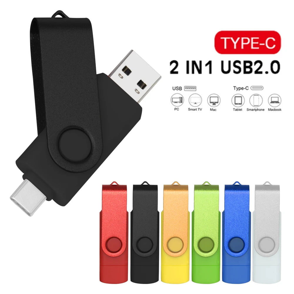 Rotable Usb Flash Drive 128GB 32GB 16GB Pen Drive 256GB Pendrive 64GB 4G OTG 2 IN 1 Memoria Usb Stick Type C Usb 2.0