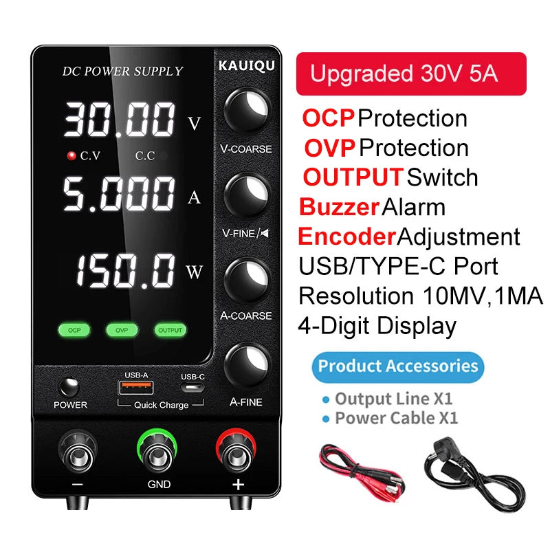 KUAIQU Official DC Power Supply Variable, 30V 60V 120V Adjustable Regulated Lab Power Supplies with OCP/OVP/Output/Encoder