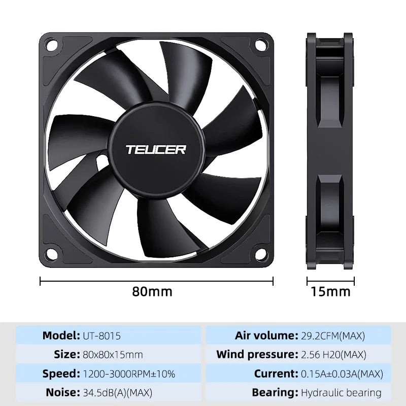 Teucer UT-8015 8CM Chassis Fan Slim 15mm Thinckness 12V/4Pin PWM Hydraulic Bearing 1200-3000rpm PC Case Cooling Ventilator