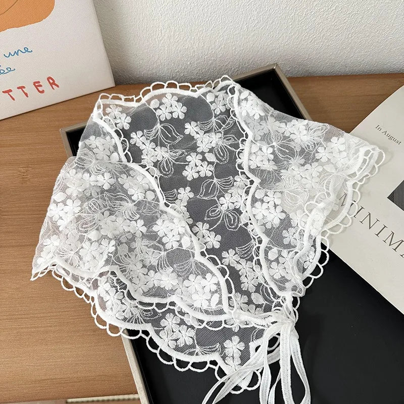 Women's Thin Style Lace Triangular Scarf Summer French Style Headscarf Headband Silk Scarf Retro Decoration Countryside Style