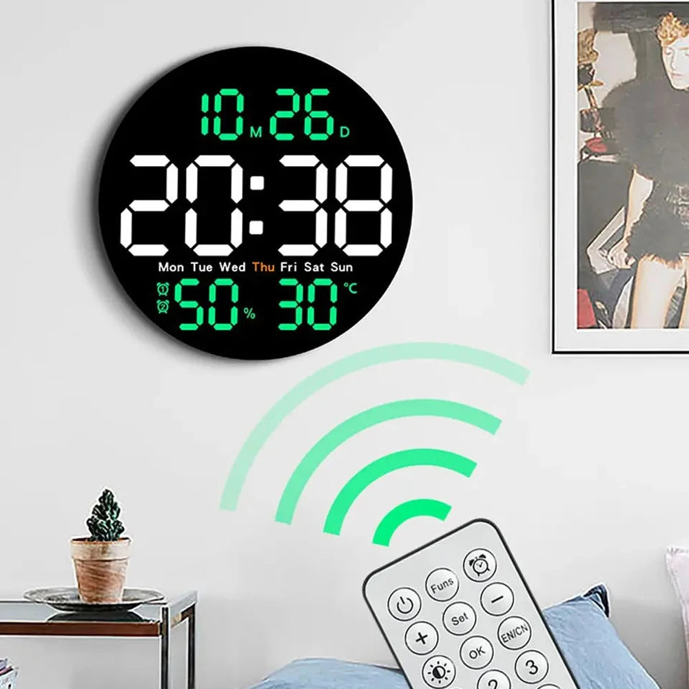 Digital LED Wall Clock with Dual Alarms,Calendar,Temperature and Humidity. Brightness Adjustable
