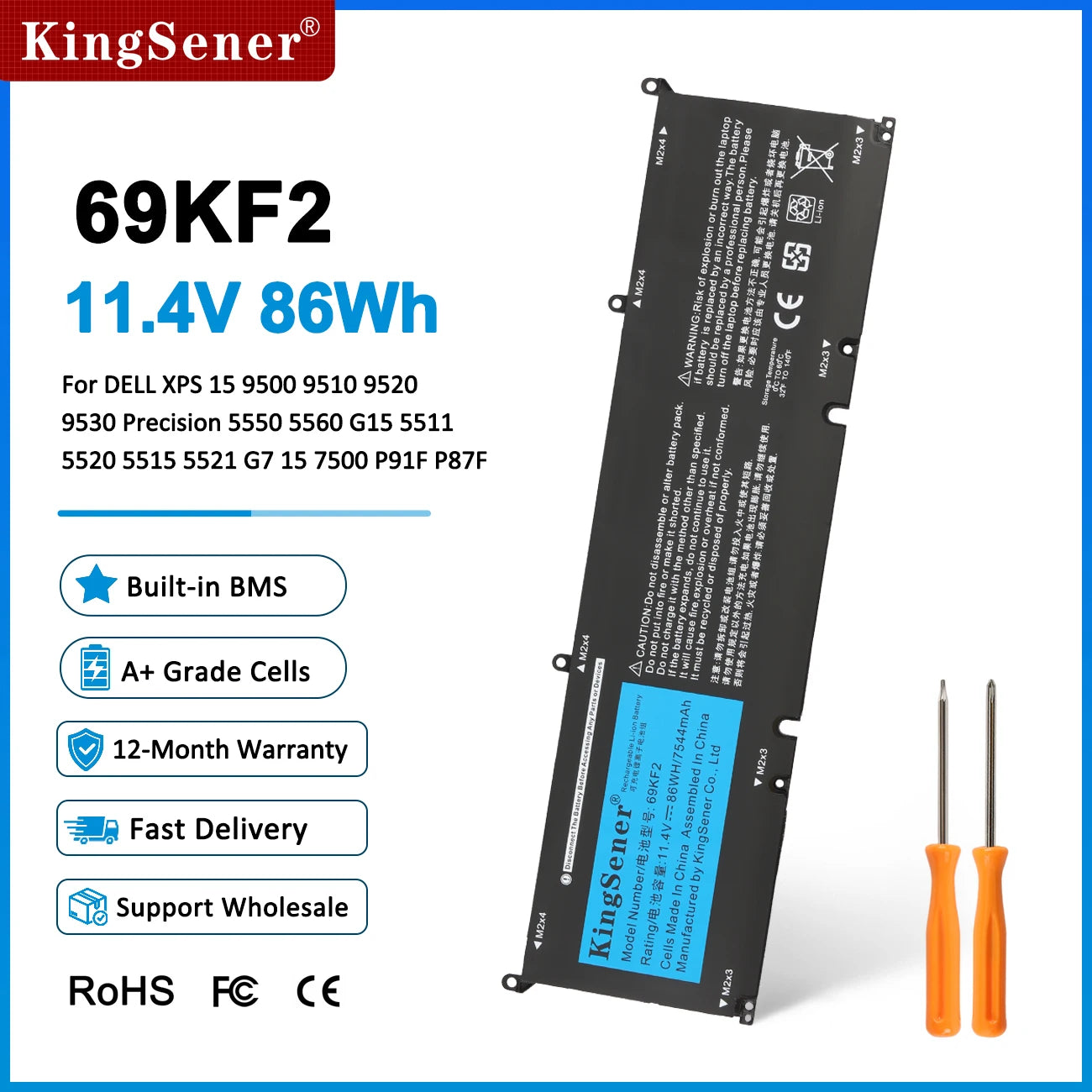 69KF2 86WH 7544mAh Battery for DELL XPS 15 9500 9510 9520 9530 Precision 5550 5560 G15 5511 5520 5515 5521 G7 15 7500 P91F P87F