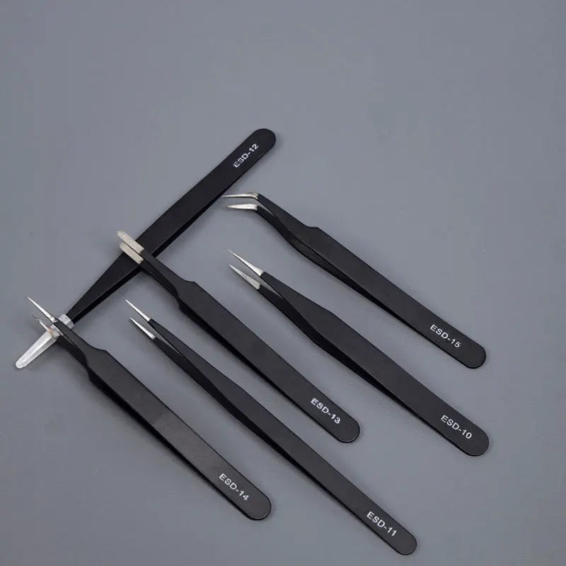 ESD Stainless Steel Tweezers 6Pcs Set Precision Maintenance Industrial Repair Curved Tool Home Working Model Making Hand Tool