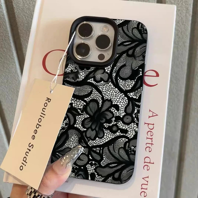 Black Lace Pattern Phone Case For iPhone 17 Pro Max 16 15 14 Plus 13 12 11 Pro Max 16E 17Air X XR XS Max Shockproof Soft Cover
