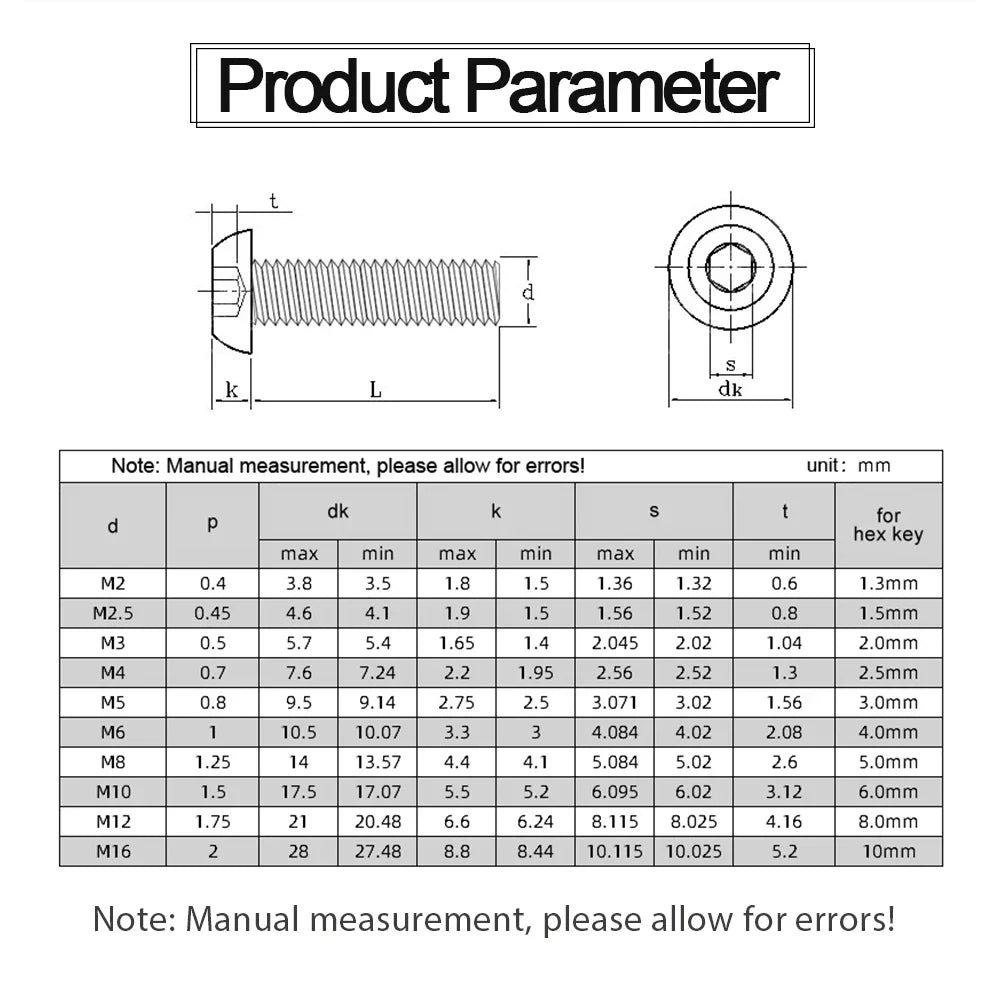 JUIDINTO 2-50pcs Hexagon Socket Button Head Screw Bolt Stainless Steel M2 M2.5 M3 M4 M5 M6 M8 Hex Allen Round Head Screw ISO7380