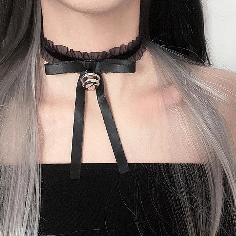Black Lace Choker For Women Girls Gothic Bowknot Choker With Long Ribbon Lolita Clavicle Chain Necklace Halloween Jewelry Gift