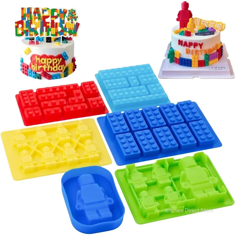 1/6PCS Block Silicone Mold Building Brick Robot Chocolate Jelly Ice Cube Tray Cake Decoration Cupcake Topper Kids Birthday Party