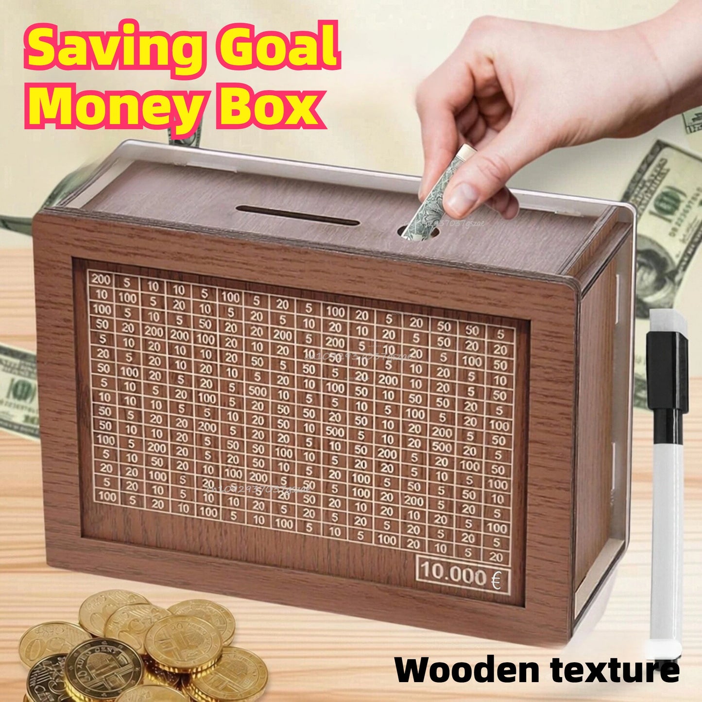 1000/3000/5000/10000 Euro Money Box Wooden Piggy Bank Reusable Personalized Piggy Bank Children Challenge Cash Storage Case