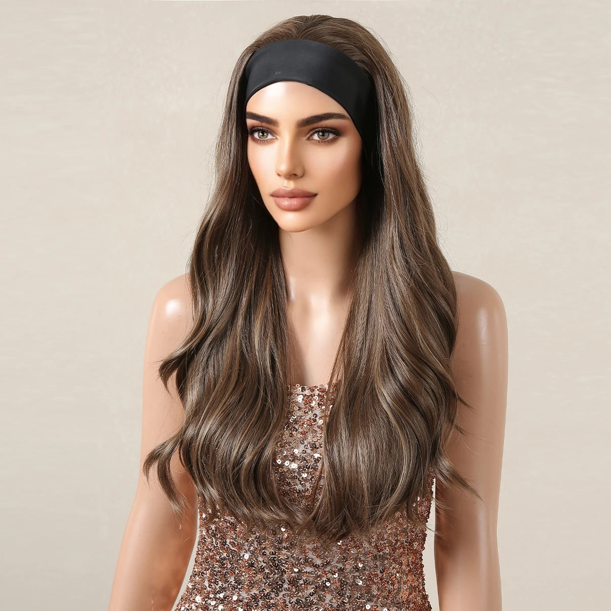 GEMMA Ash Brown Headband Synthetic Wigs Long Natural Wavy Headband Hair Wigs for Women Cosplay Daily Heat Resistant Fake Hair