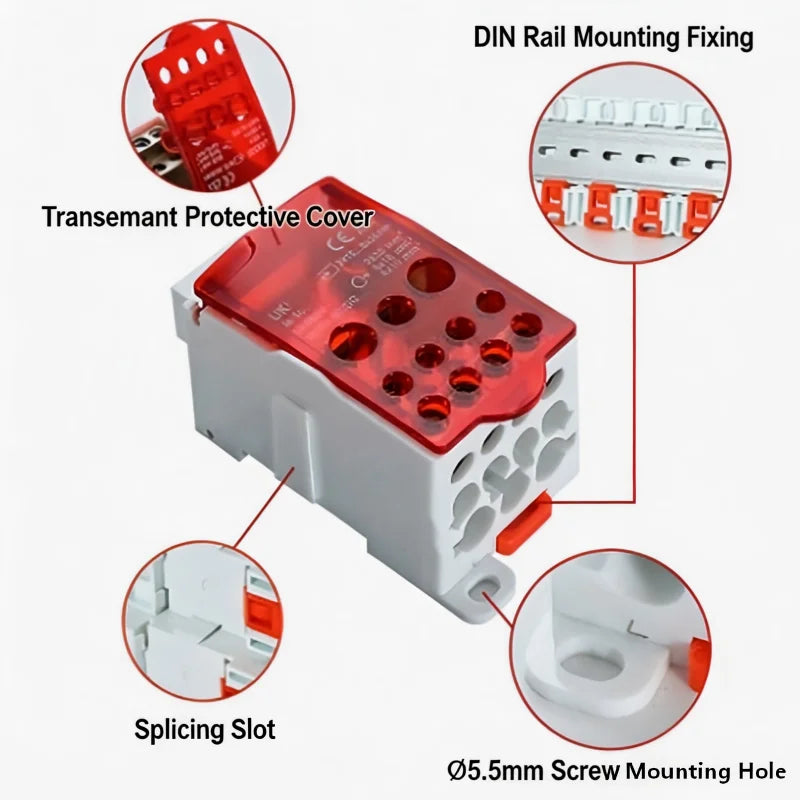 UKK Din Rail Terminal Block Power Distribution Box 80A‑400A One In Multiple Out Electrical Wire Connector Junction Box for Circu