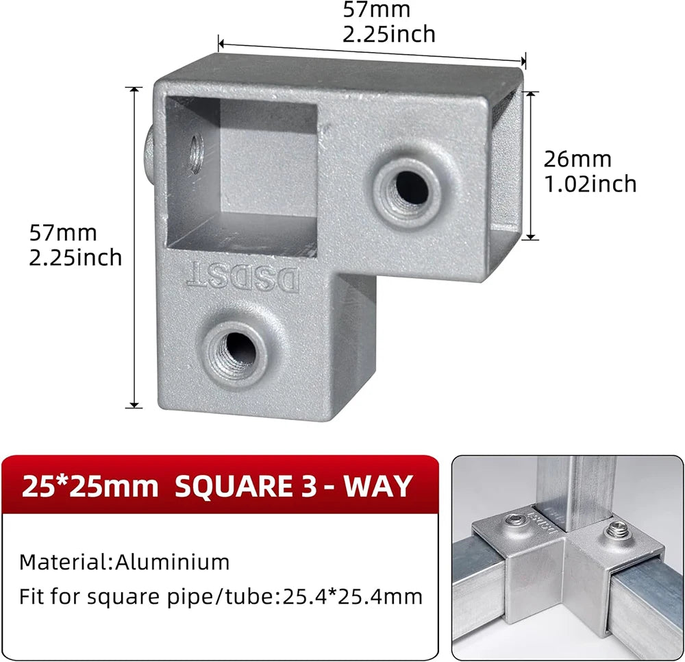 20/25/30mm Square Tube Connectors Galvanized Aluminum Alloy Square Tube Connector Tee Fasteners Square Steel Fixed Clips