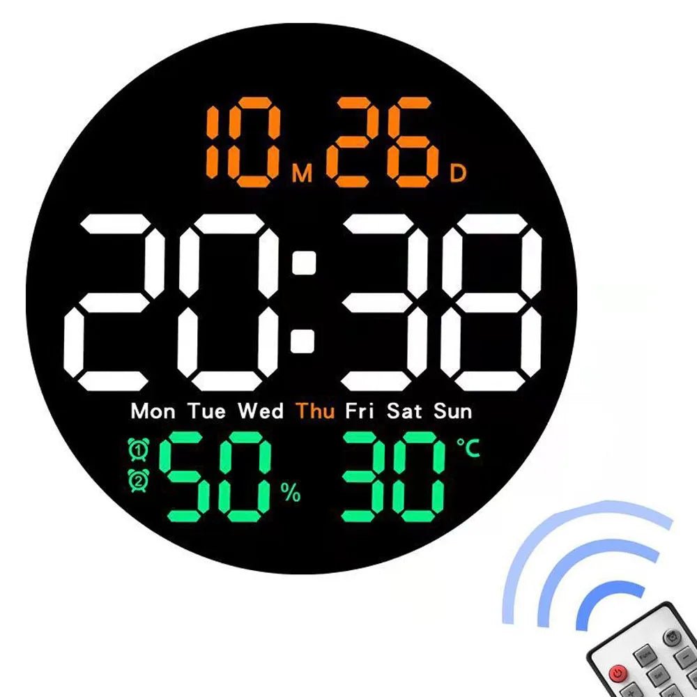 Digital LED Wall Clock with Dual Alarms,Calendar,Temperature and Humidity. Brightness Adjustable
