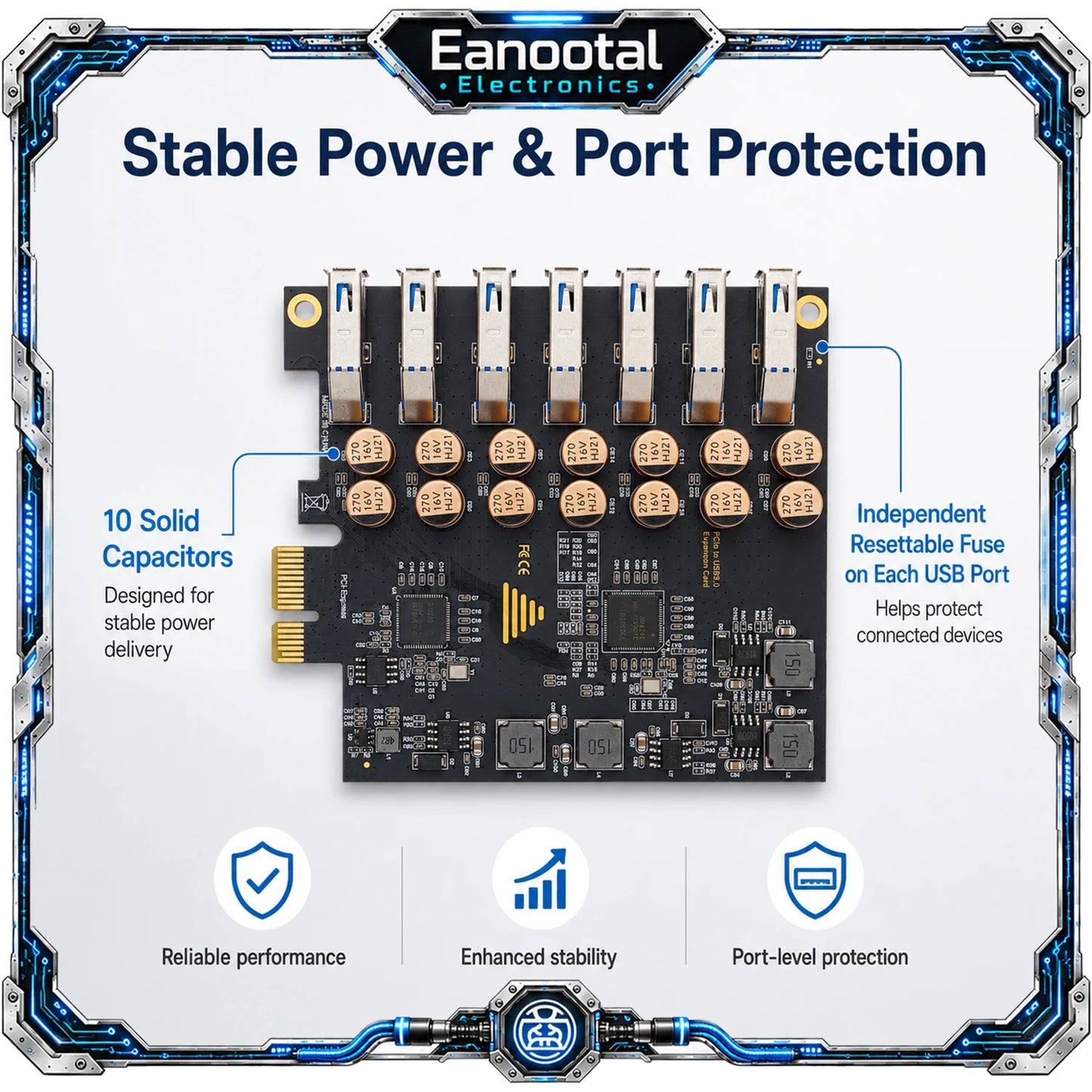 PCIe X1 7 Port USB 3.0 Card, High Speed USB-A Expansion Adapter No External Power Cable Required