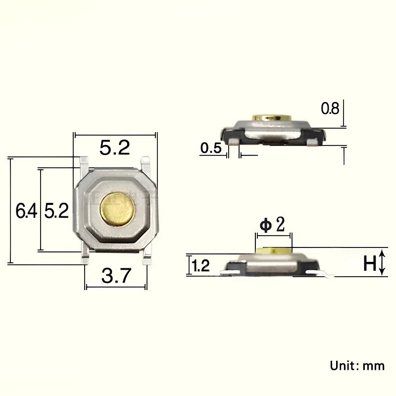 100pcs Tactile Switches 5.2x5.2 Smd Push Button 4*4*1.5mm/1.6/1.7/1.8/1.9/2/2.5/3/3.5/4/4.5/5/6/7/8/9 12V Copper Head Self-reset