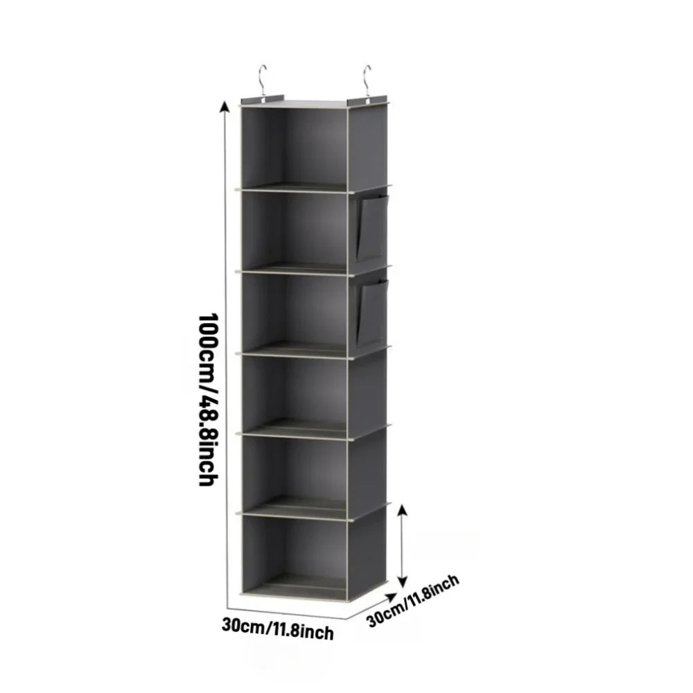 Hanging Closet Organizer, 6-Shelf Wardrobe Storage Bag with Hooks, Space Saving Foldable Fabric Shelves for Bedroom Dorm Travel