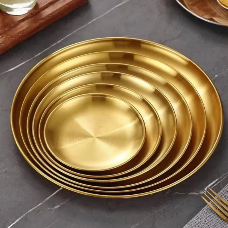 Thickened Stainless Steel Golden Round Fruit Plate Cake Plate Bone Tray BBQ Plate Flat Bottom Shallow Tray