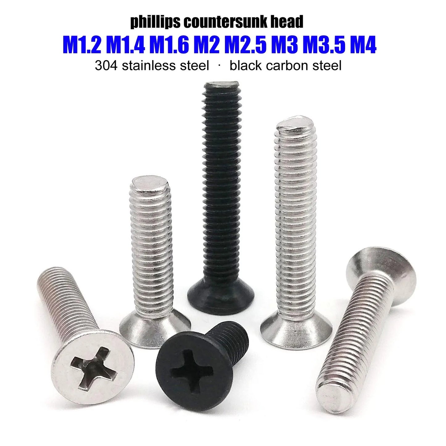 50x M1.2 M1.4 M1.6 M2 M2.5 M3 M3.5 M4 Mini Micro Small Black 304 Stainless steel Cross Phillips Flat Countersunk Head Screw Bolt