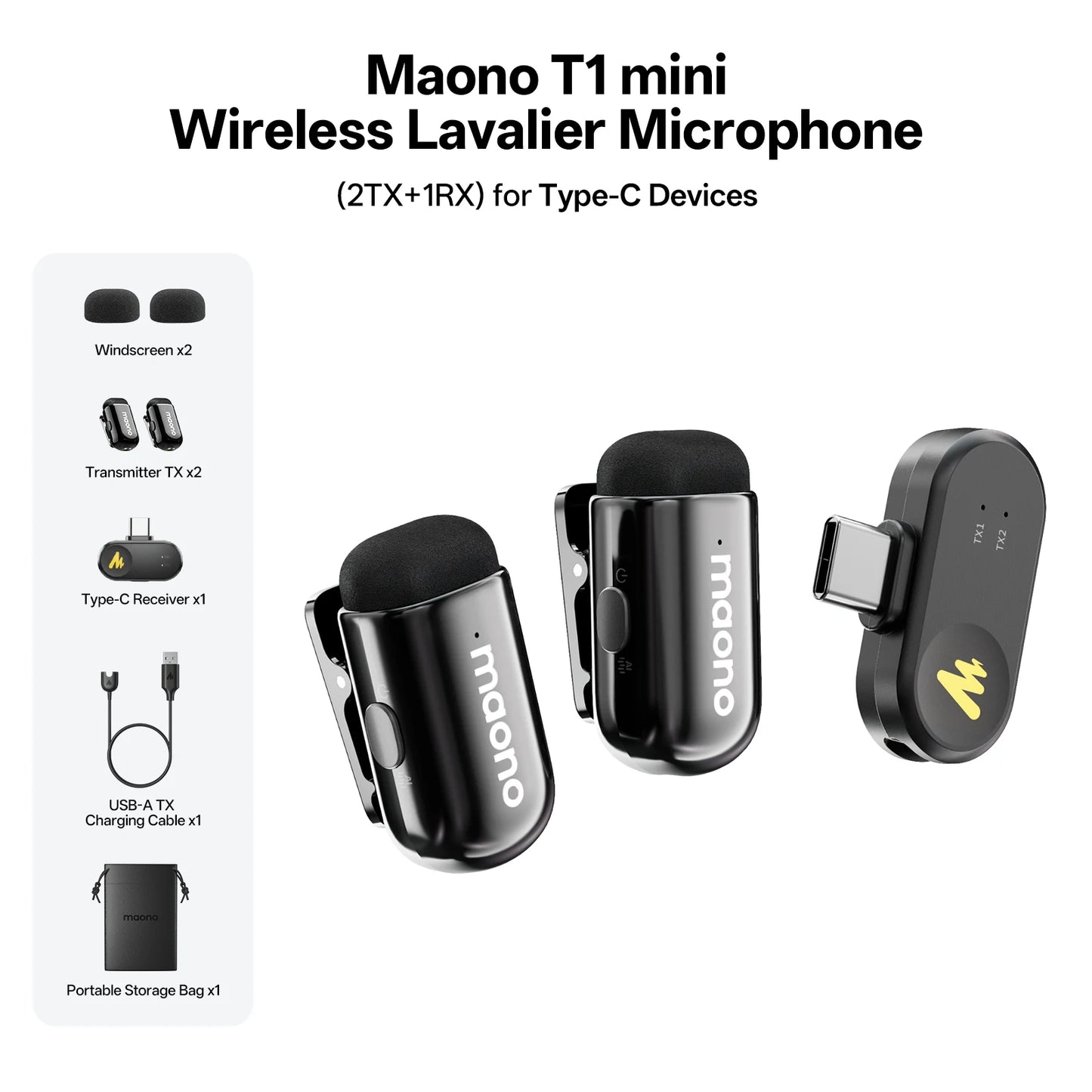 MAONO Wave T1 Mini Wireless Lavalier Microphone Mini Lapel Mic Wireless Mic for iPhone Android for Video Recording Podcast Vlog