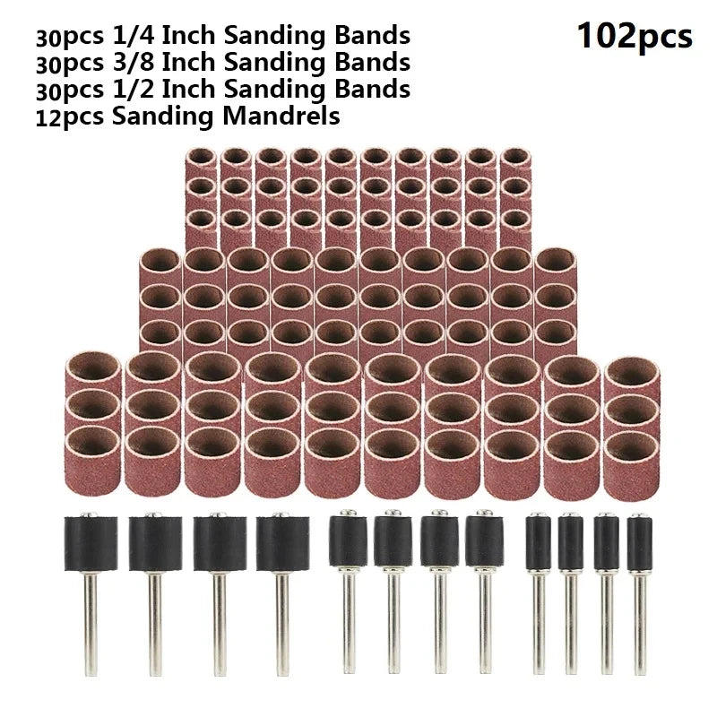 102/132pcs Sanding Drum Set 1/4 3/8 1/2 Inch Sanding Bands With Sanding Mandrels